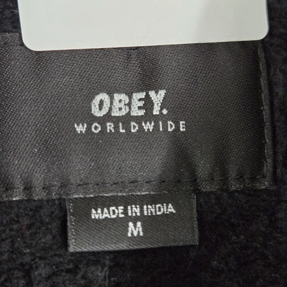 OBEY Men Sweatshirt M Black Chest Text Embroidery Colorblock Fleece 1/4 Zip Logo